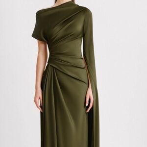 Elegant Olive Green Draped Satin Dress – Grecian One-Shoulder Style